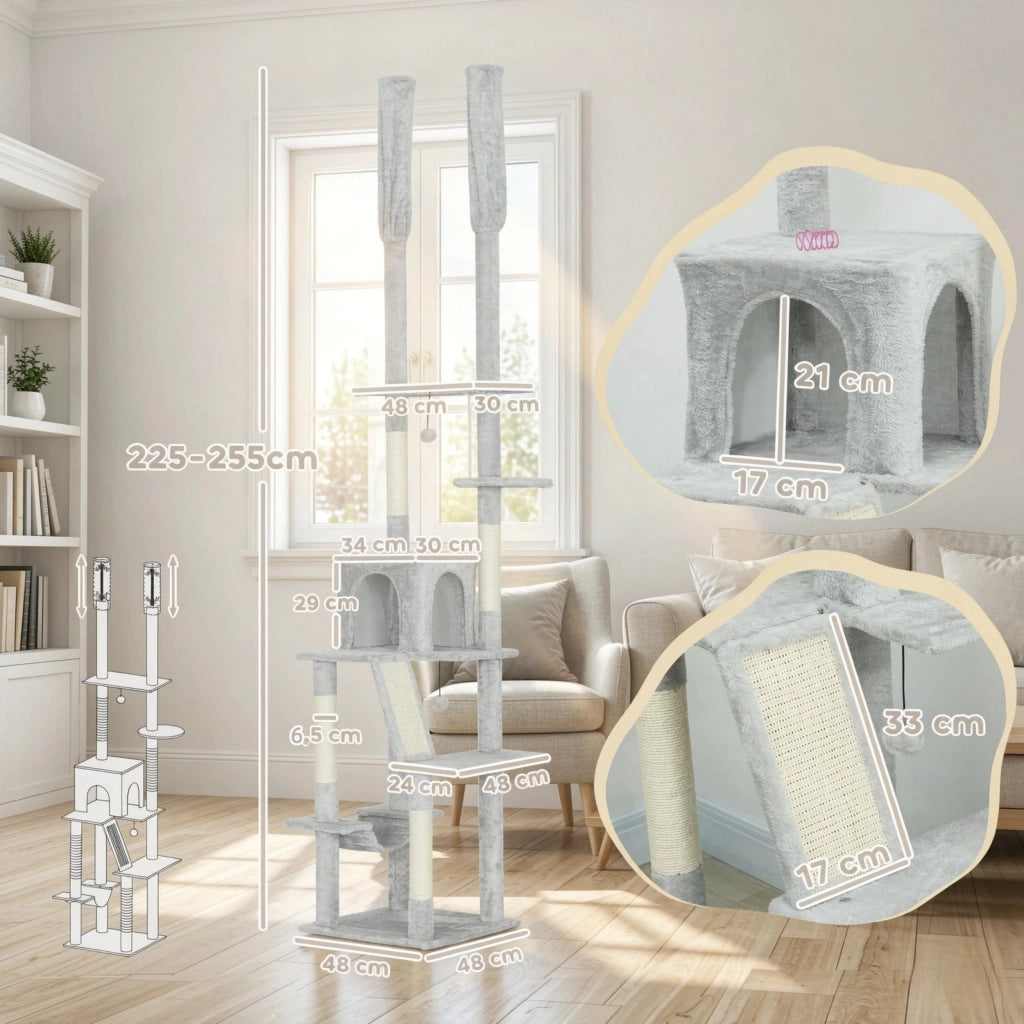 Tiragraffi regolabile in altezza con fissaggio a soffitto, altezza 225-255 cm, 6 livelli con nicchia e amaca.