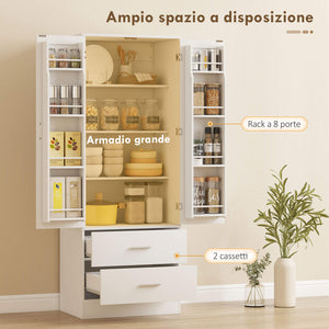 Credenza da Cucina 60x40x159 cm con Armadietto con 8 Ripiani Portaspezie e 2 Cassetti Bianco