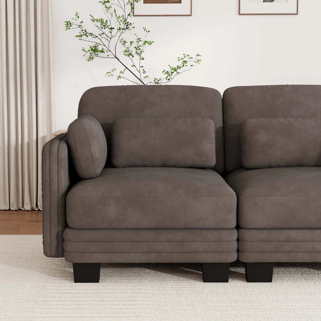 Divano modulare a L in ciniglia marrone con pouf; 253x143x88 cm