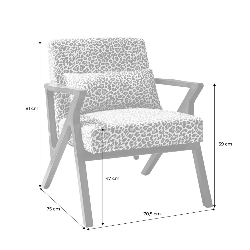 Poltrona scandinava in legno di hevea e stampa leopardo, leopardo