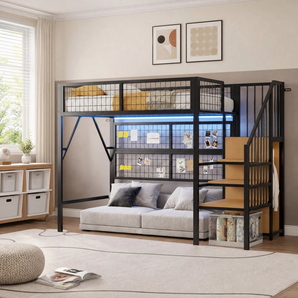Letto a soppalco in metallo 90x200 cm con LED App; scala con contenitore; nero