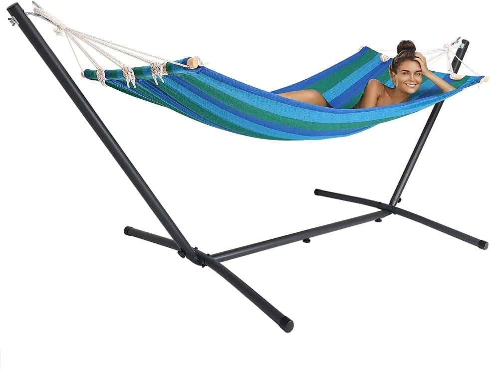 Amaca con Supporto Portata 150kg Amache Giardino Spiaggia Campeggio Balcone Terrazzo Blu