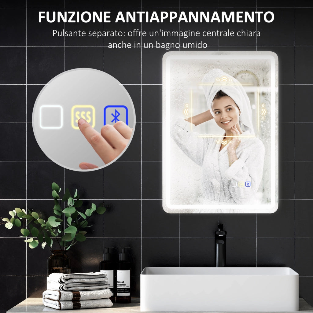 Specchio Bagno LED in Vetro Temperato con Bluetooth 70x50x3.5 cm Luce Regolabile e Touch Design Moderno