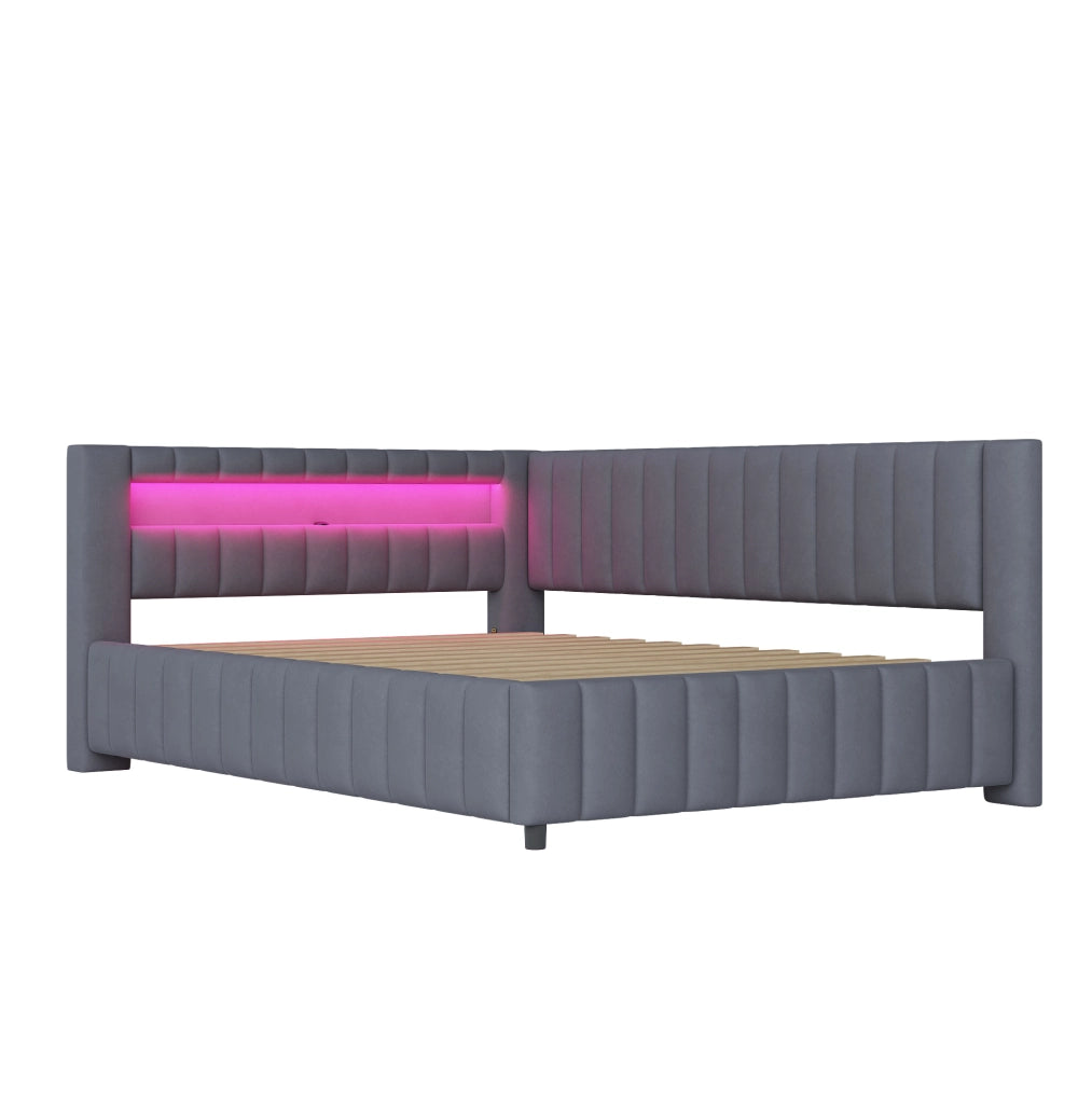 Letto imbottito angolare 140x200 cm in velluto grigio con LED e porta USB