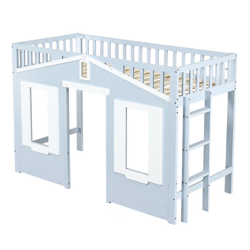Letto a soppalco per bambini 90x200 cm bianco e blu; legno e MDF con scala reversibile