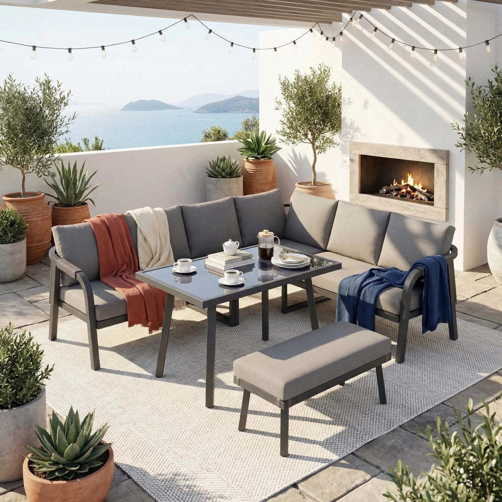 Set Tavolo da Pranzo da Giardino 8 Posti con Divano Angolare ¨C Xylo ¨C Polyrattan Grigio