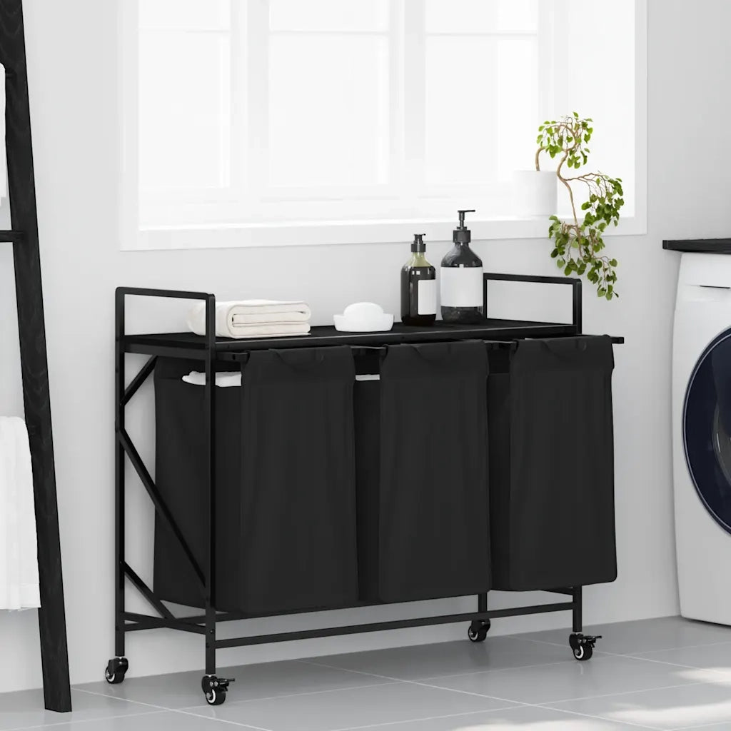 Cesto della Biancheria 3 Scomparti con Ruote Rovere Nero CFW1714317