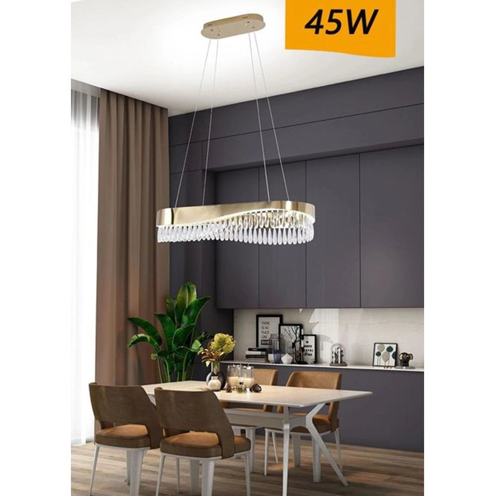 Trade Shop - Lampadario Led A Sospensione Oro 45w Con Cristalli Contemporaneo Luce Fredda B77 -