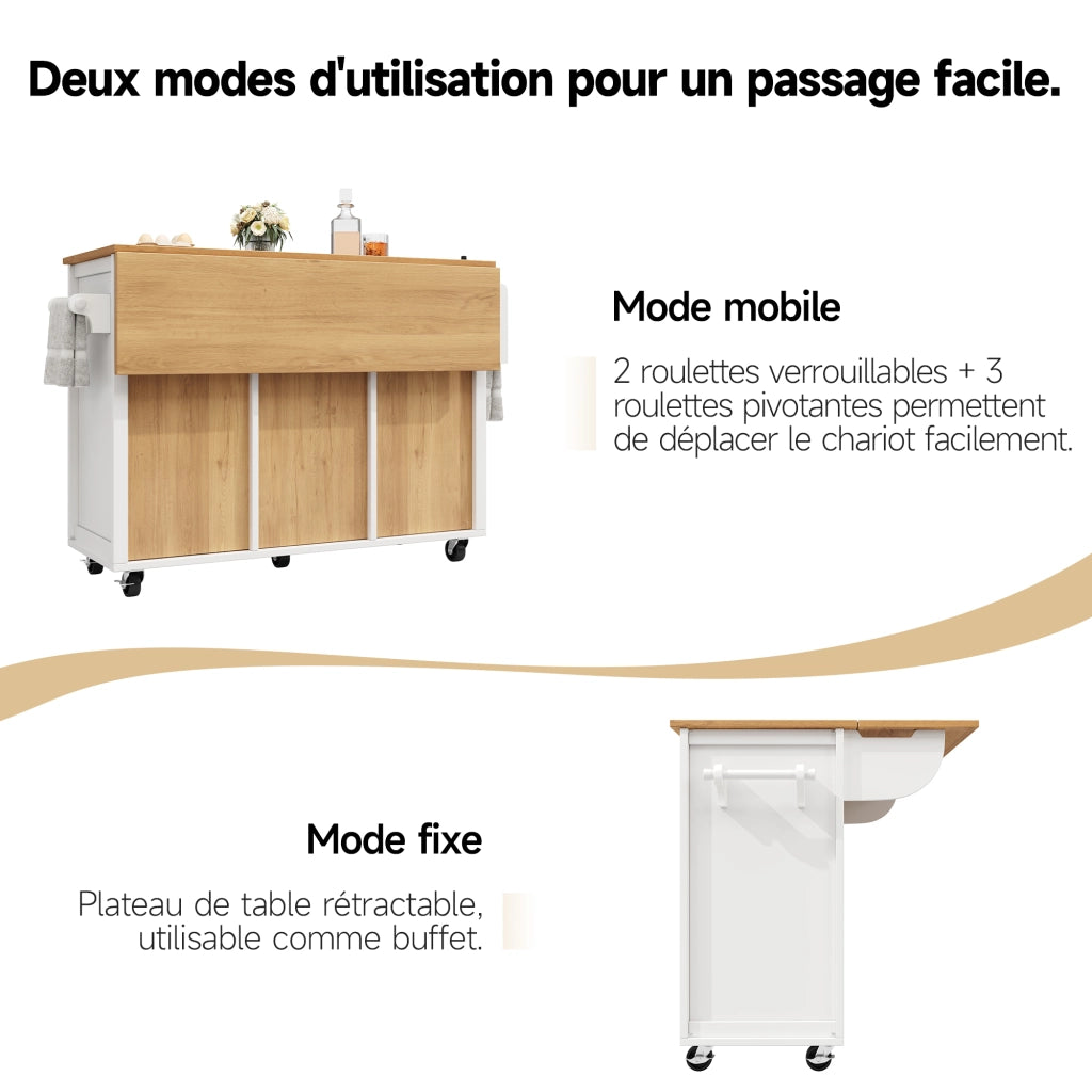 Carrello da Cucina con 4 Cassetti e 2 Ante; Piano Ribaltabile; Portaasciugamani e Portaspezie; Bianco