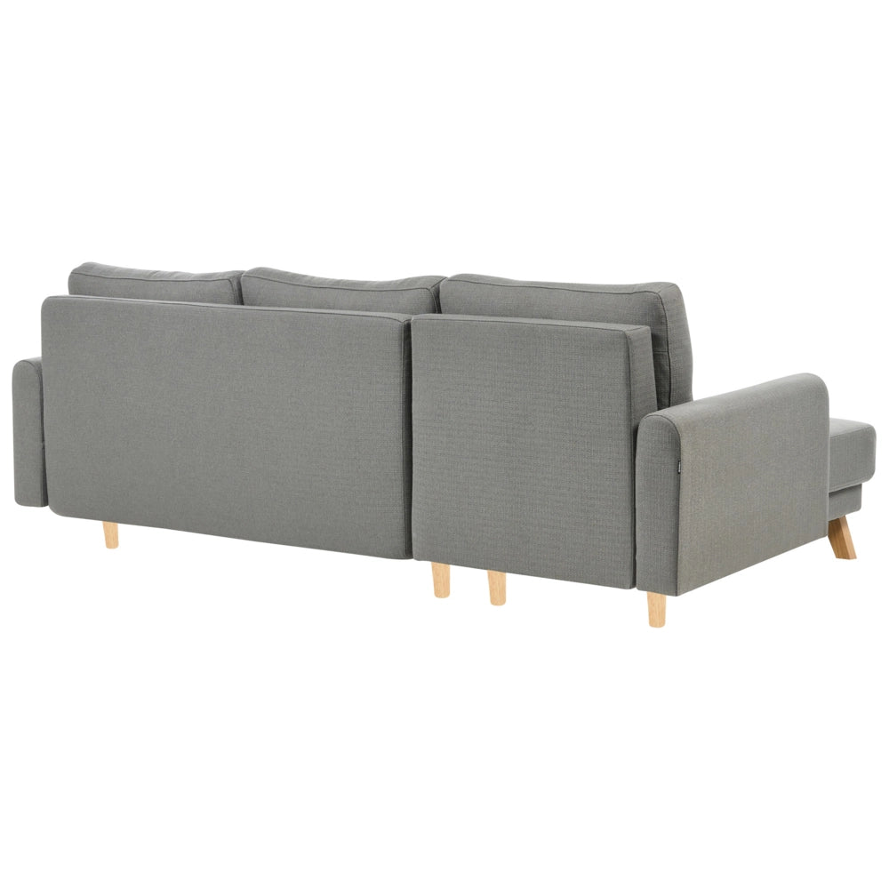Divano angolare 3 posti destro imbottito in tessuto beige con funzione di dormiente e schienale imbottito estraibile Gambe in legno
