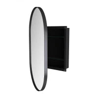 Armadio a specchio ovale da parete, armadietto con specchio e spazio interno per bagno, soggiorno e camera da letto, 85x51,5x12 cm, Nero