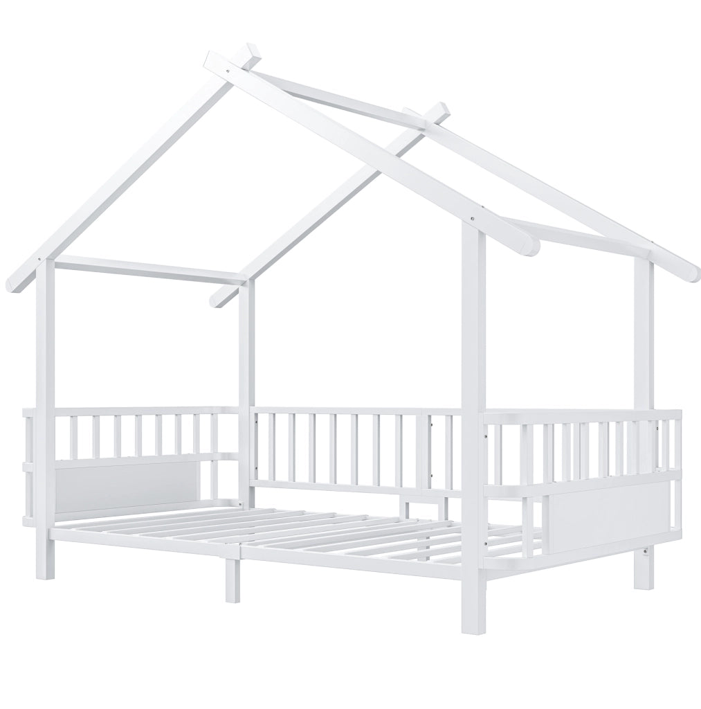 Letto per bambini 90x200 cm con barriera di sicurezza e struttura a casetta in metallo bianco