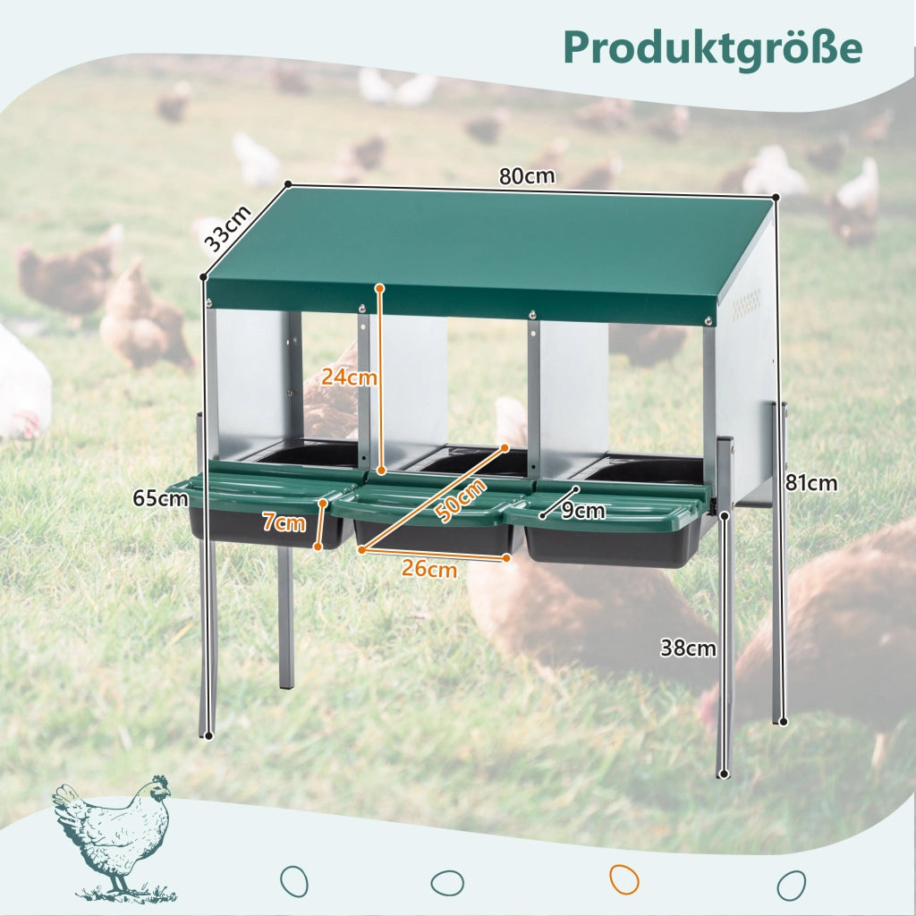 Scaffale in metallo con 3 nidi e fondo inclinato per raccolta uova all'aperto verde 80 × 33 × 81 cm