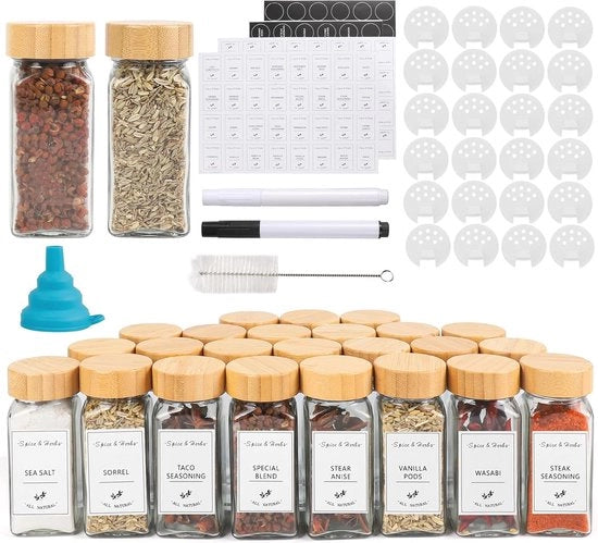 Set di contenitori quadrati per erbe con strumento per dispersione - Pacchetto di 398 etichette, 120 ml, imbuto in silicone, spazzola e matita - Coperchio in bambù