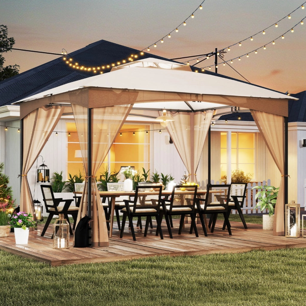 Gazebo da patio tetto morbido a doppia copertura con 4 sacchetti di sabbia, Gazebo da patio 3 x 3,6 m per prato giardino all'aperto Sabbia-Gazebo