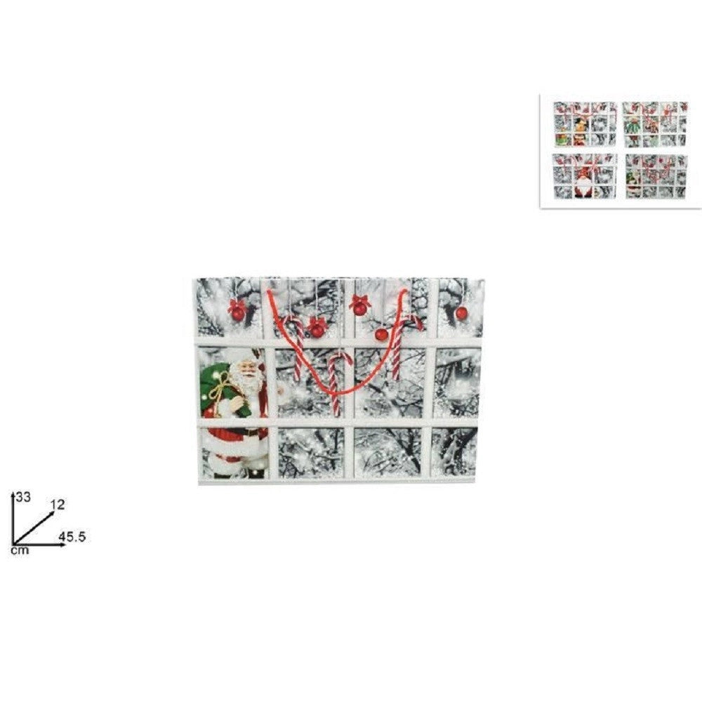 Trade Shop - Busta Da Regalo Stampa Finestra Con Paesaggio Innevato Manici Rossi 45,5x33x12cm -
