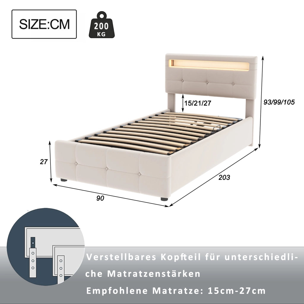 OKWISH Letto Contenitore 90×200 cm, Letto Singolo con LED, Contenitore Idraulico e Testiera Regolabile, senza Materasso, in Velluto, Beige