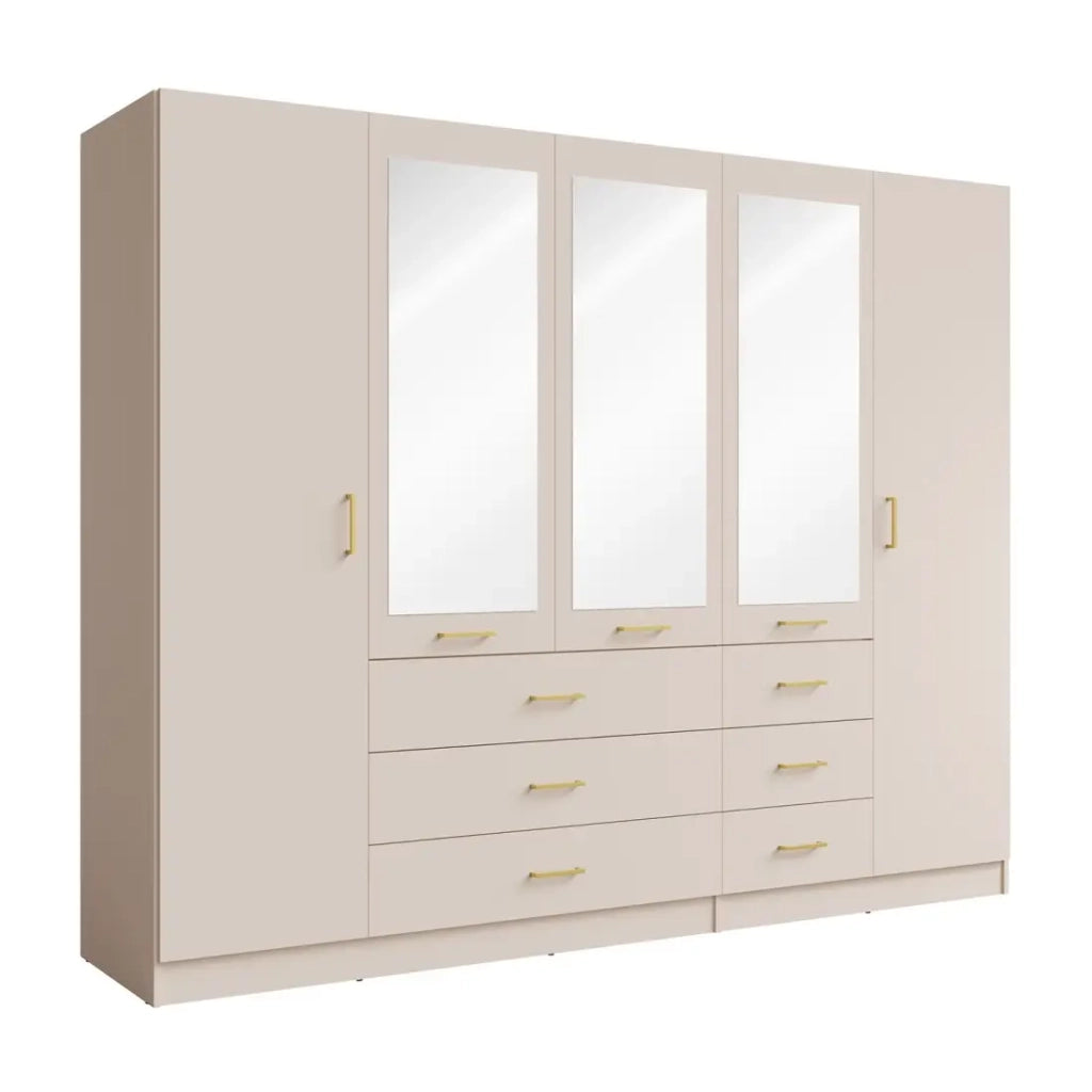 Armadio KALISTA 250 cm beige sabbia con specchi e 6 cassetti