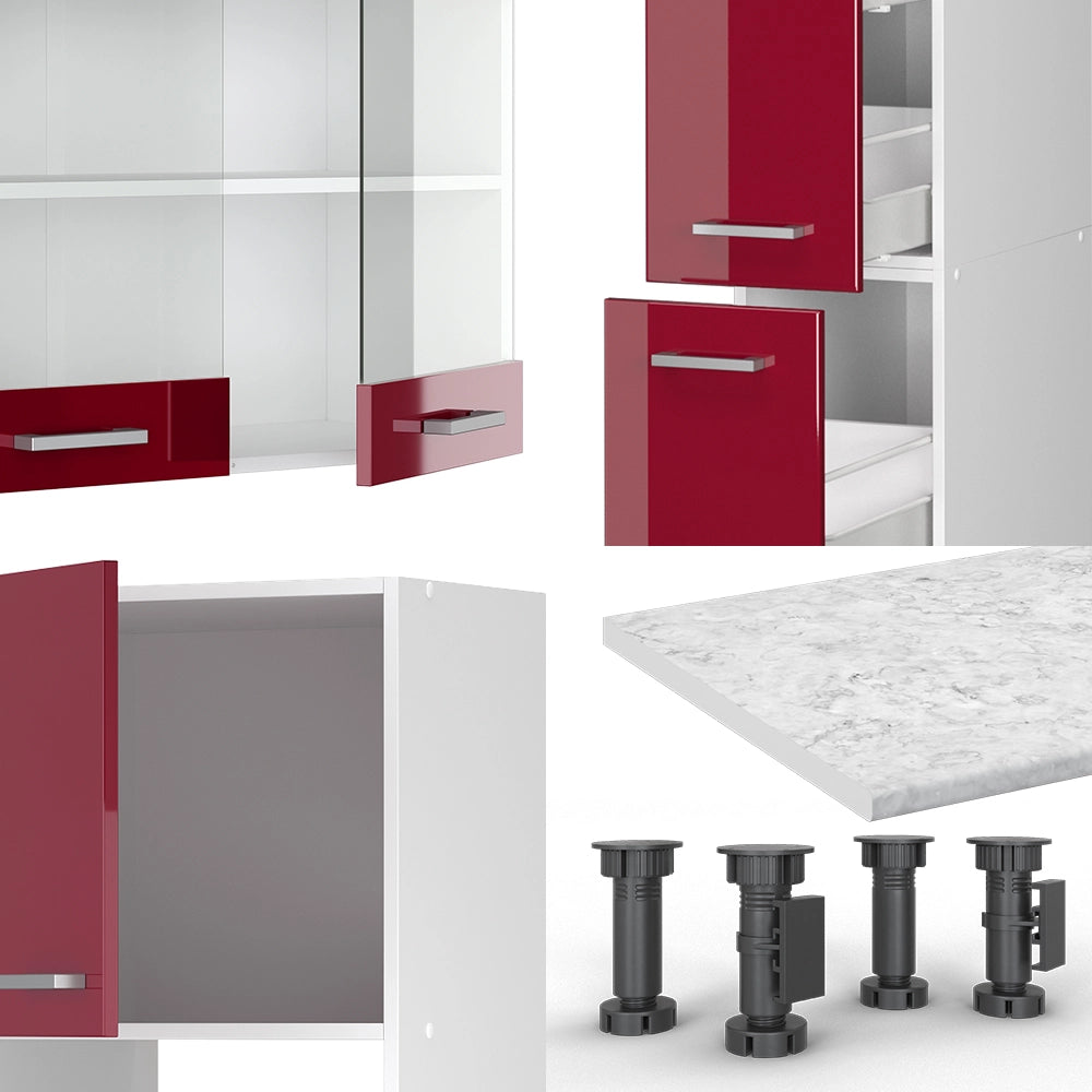 Mobile da cucina R-Line Rosso lucido/Bianco 350 cm con armadio alto, PL Rovere Vicco