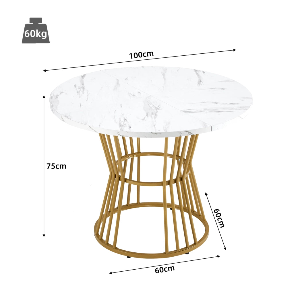 Tavolo da pranzo rotondo con piano in MDF effetto marmo, base in metallo, per cucina e soggiorno, bianco, Ø 100 cm