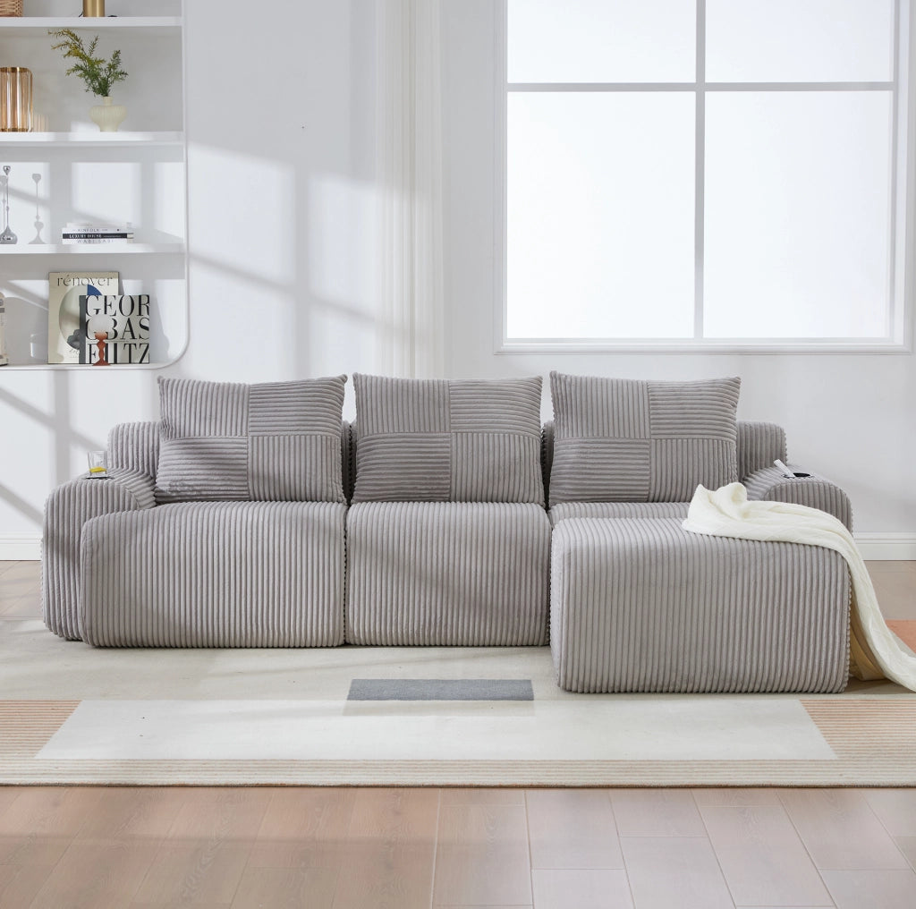 Divano modulare 3 posti ULEVR 268x174x80 cm con portabicchieri e tasca laterale, velluto a coste grigio chiaro