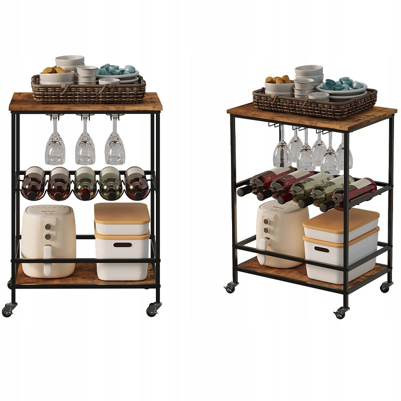 Mobiletto su ruote, marrone rustico, tavolo, ripiano, carrello da cucina, stile loft