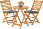 Set da Giardino 2 Posti in Legno di Acacia, Tavolo da Giardino Esterno con Sedia Pieghevole, 2 Cuscini Rimovibili, per Terrazza, Balcone, Bistrot (Grigio + Naturale)
