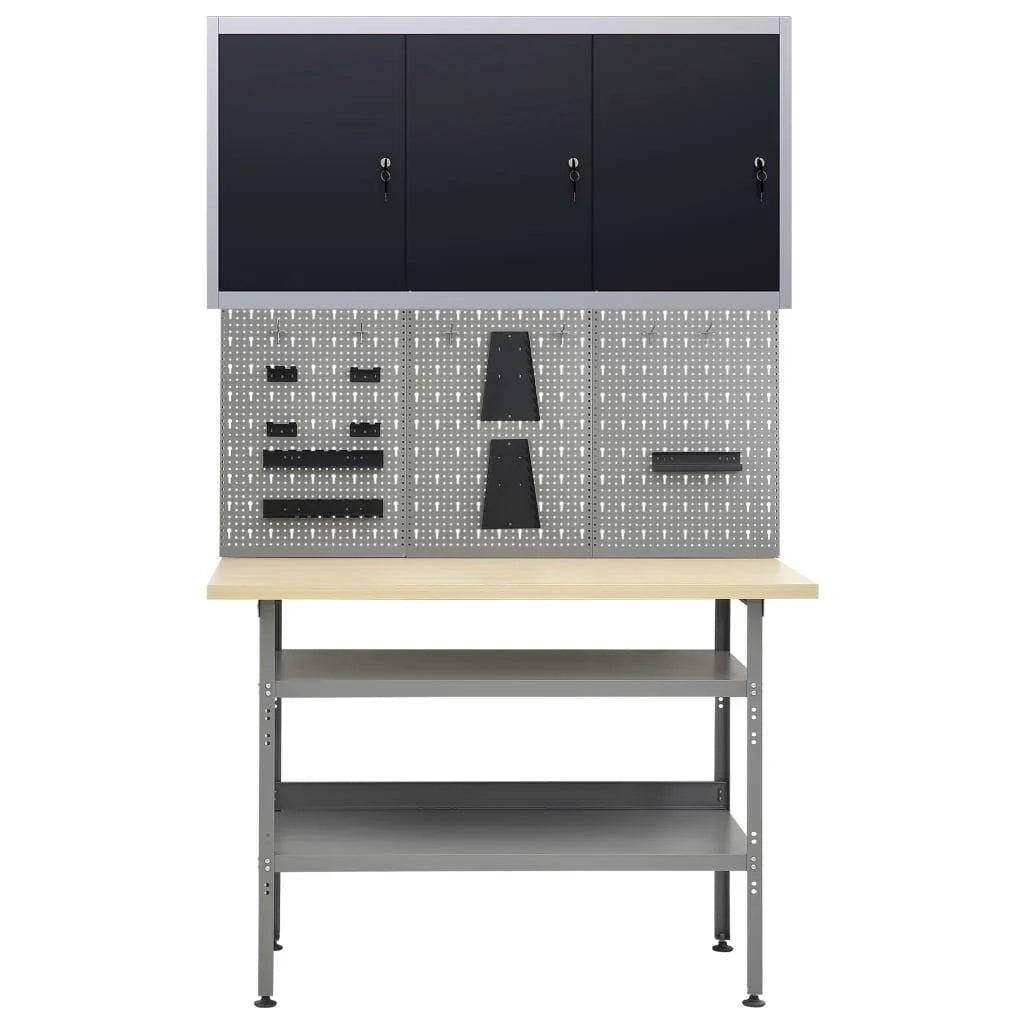 Banco da lavoro da 120 cm con 3 pannelli a parete e 1 mobiletto da garage tavolo da lavoro grigio/nero 02_0003662