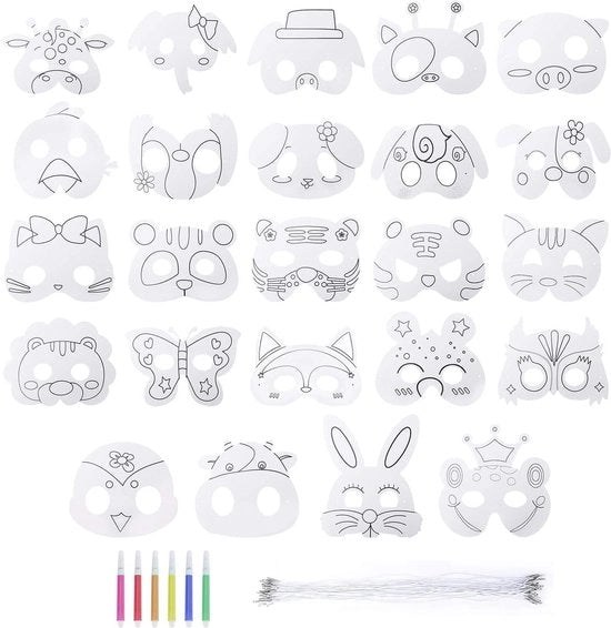 Maschere per bambini - maschere bianche animali da colorare per Halloween, Natale, compleanni, spettacoli, feste tematiche, carnevale - 24 pezzi