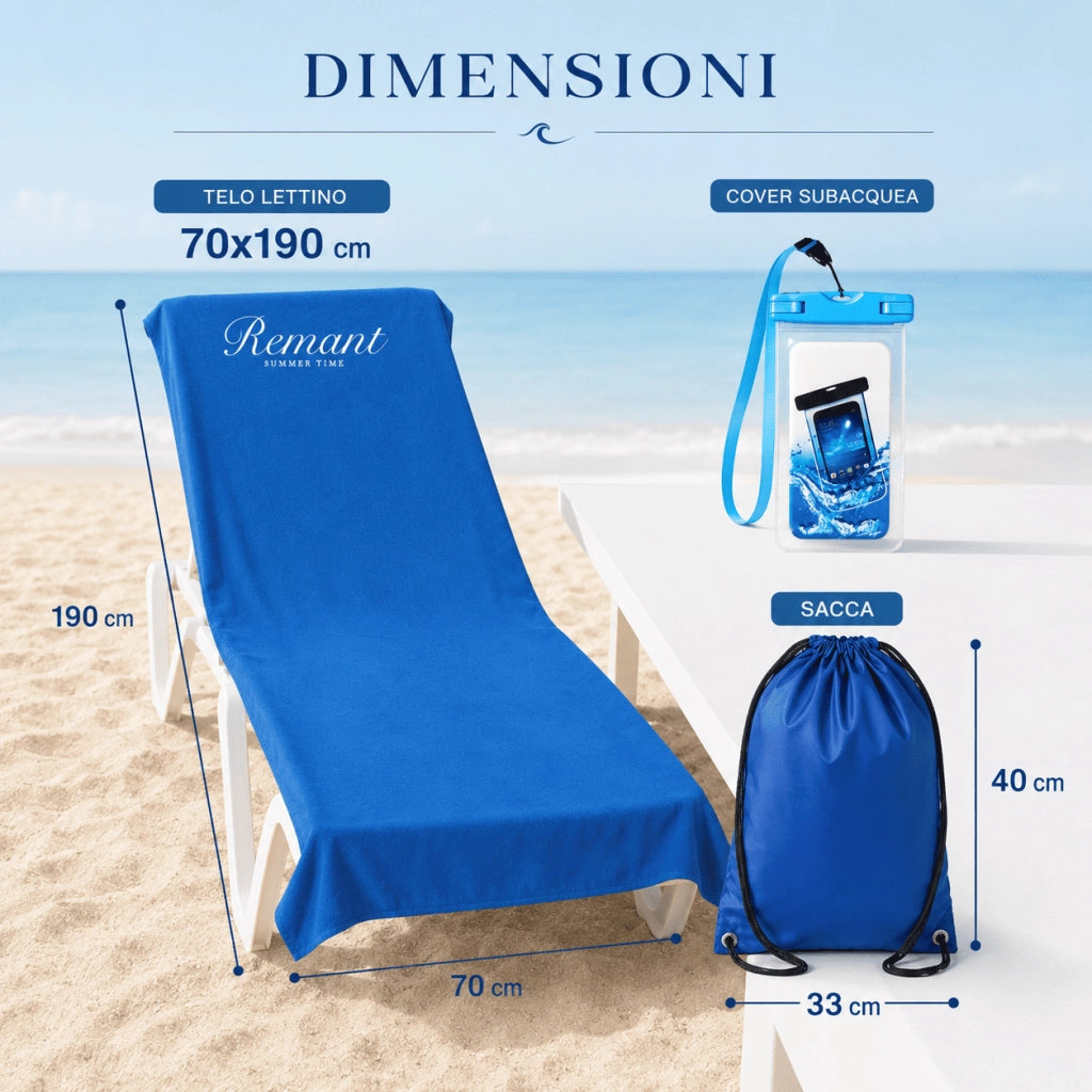 Set Mare 3 Pezzi con Telo Lettino 90x170 cm, Cover Subacquea Impermeabile per Smartphone e Sacca Zaino 33x40 cm – Kit Spiaggia Piscina Vacanze, Fantasie Assortite - IDEA REGALO