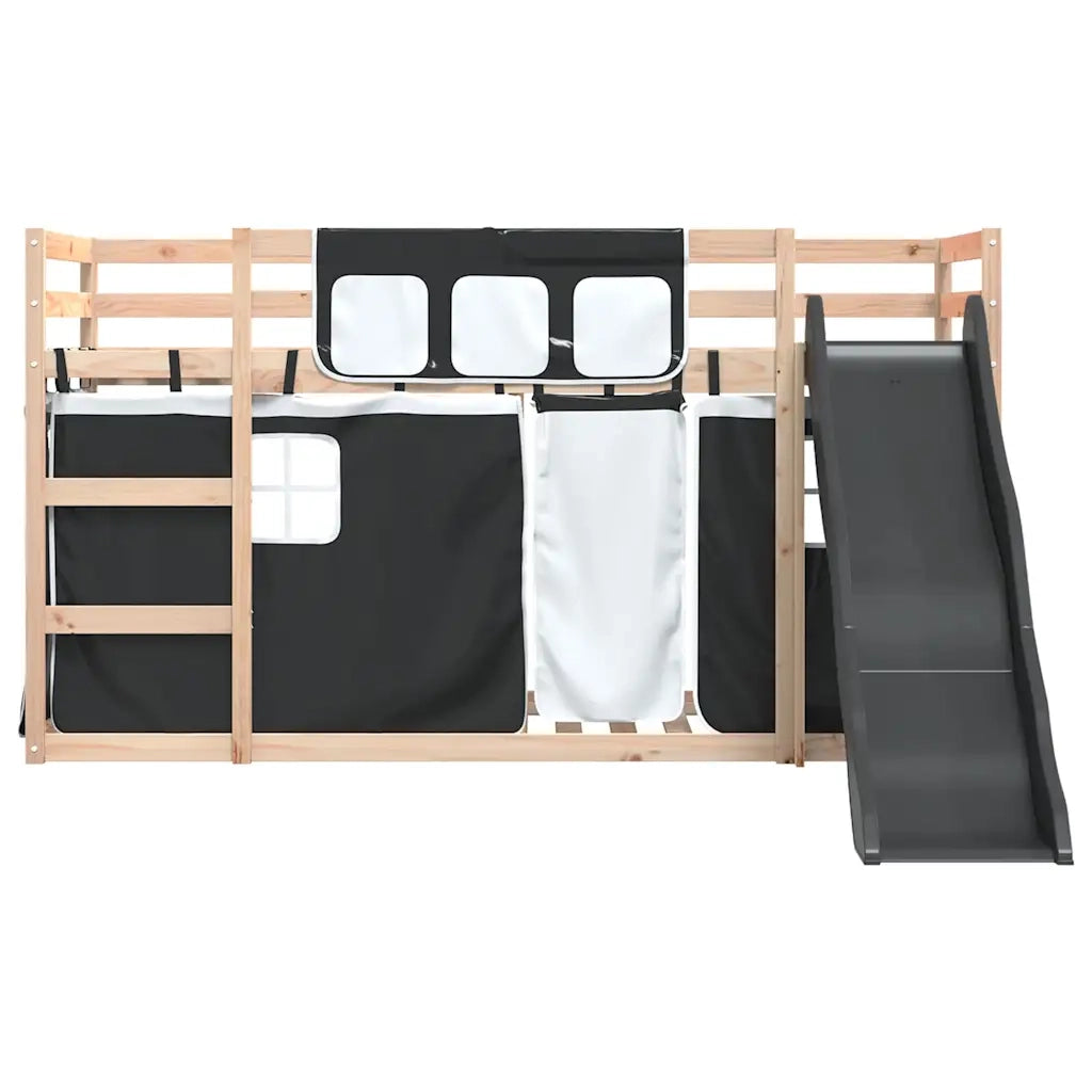 Letto singolo | Letto per adulti | Letto a Castello con Scivolo e Tende Bianco e Nero 80x200 cm