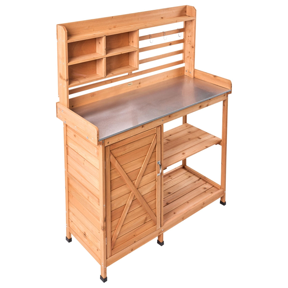 Tavolo da giardinaggio con spazio di archiviazione 113 x 46 x 148 cm Legno di abete marrone chiaro Piano di lavoro in ferro