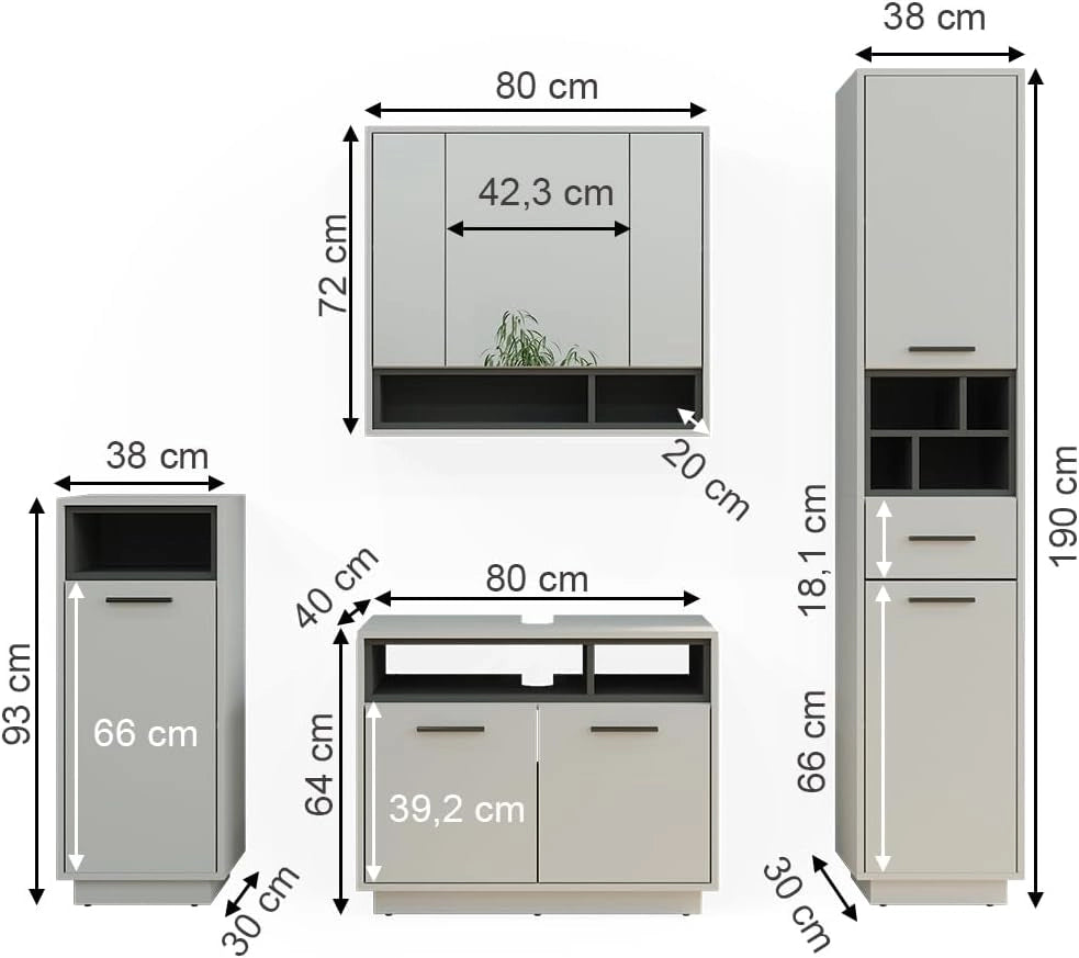 Set di mobili da bagno Beatrice, Grigio, 80 cm, composto da mobile lavabo, pensile a specchio, colonna e base media