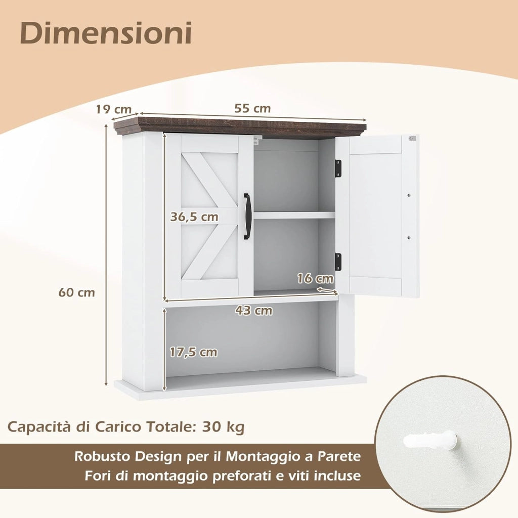 Mobile da Parete per Bagno, Mobiletto Bagno a Muro in Stile Rustico con Ripiano Regolabile e Scomparto Aperto, Armadietto per Soggiorno, Cucina e Ingresso, 55 x 19 x 60 cm (Bianco)