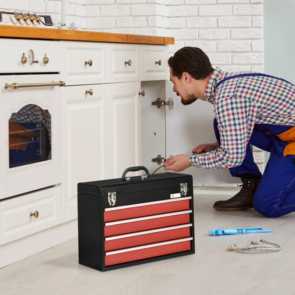 Cassetta Porta Attrezzi in Acciaio con 4 Cassetti e Vassoio Superiore, 51x22x39.5 cm, Rosso e Nero