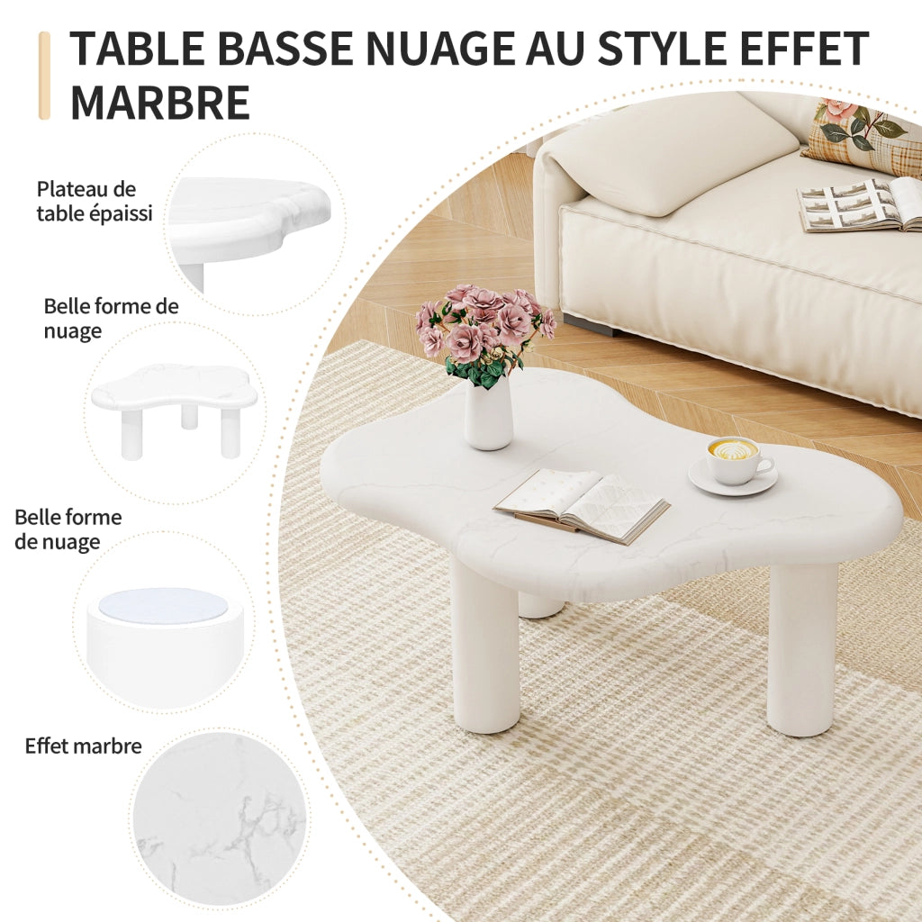 Tavolino da caffè a nuvola con bordi arrotondati e 3 gambe; effetto marmo; per soggiorno; in truciolare; bianco; 102.5 × 72.7 × 19.5 cm