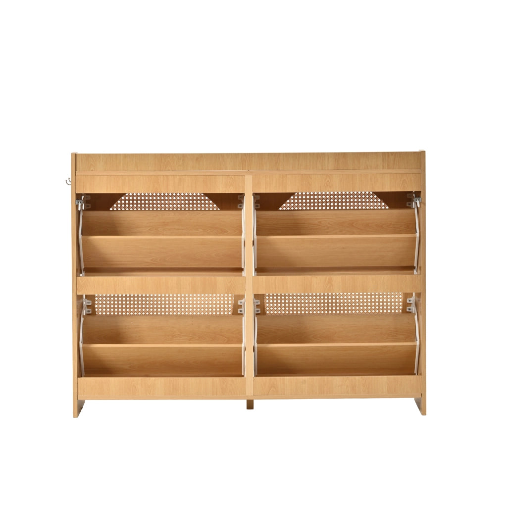 Scarpiera con 4 ante a ribalta; 8 scomparti e 2 ganci; per ingresso; in MDF; naturale; 120 × 24 × 90 cm