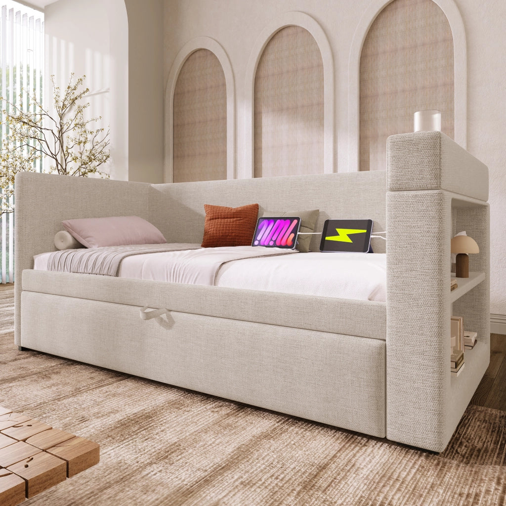 Letto divano singolo 90 × 190 cm con letto estraibile, 3 USB, Type C e portabicchieri, senza materasso beige