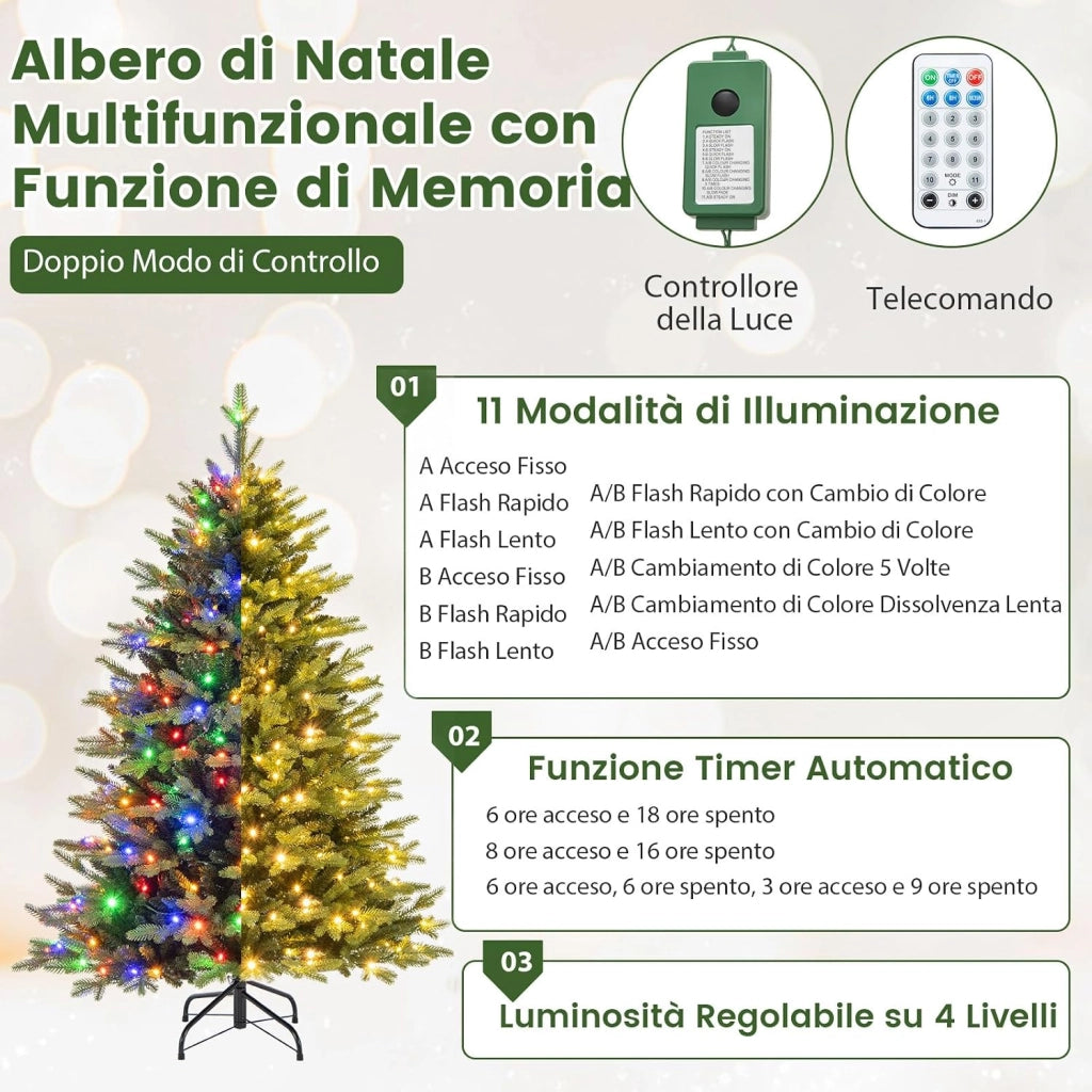 Albero di Natale 150 cm, Albero di Natale Pre-illuminato on Cerniera con 250 Luci a LED Multicolori e Bianco Caldo, 11 Modalità di Illuminazione, 844 Rami (150 CM)