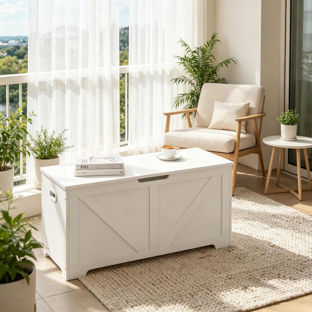 Panca contenitore da ingresso in legno con spazio nascosto, coperchio e 76 l, bianco, 100 × 47 × 40 cm