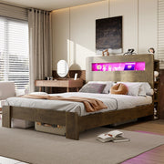 LETTO Piattaforma con testiera contenitore, LED e prese, 140x200 cm, Legno vintage
