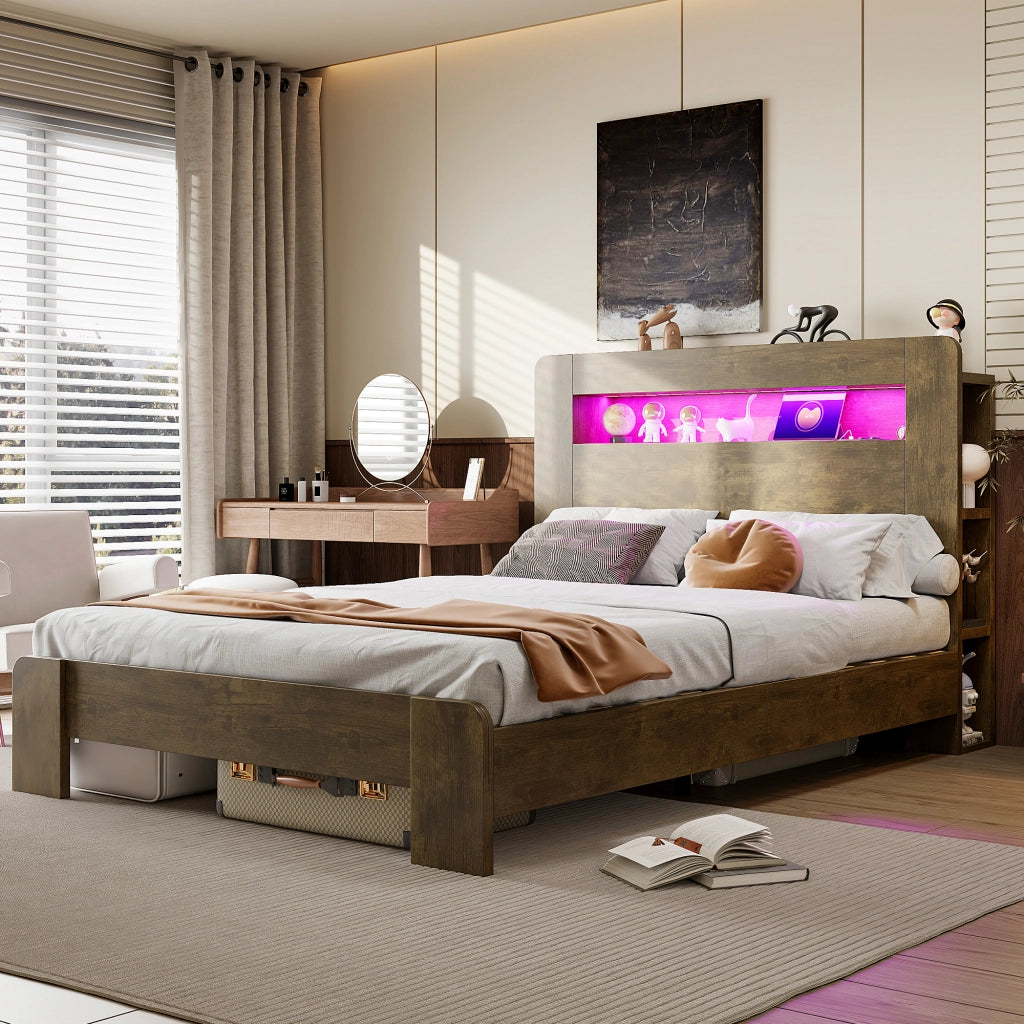 LETTO Piattaforma con testiera contenitore, LED e prese, 140x200 cm, Legno vintage