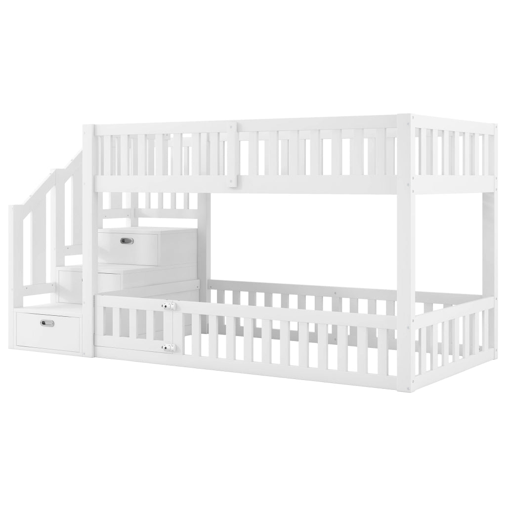 Letto a castello 90 × 200 cm con scala laterale e vano portaoggetti, senza materasso, in legno, bianco