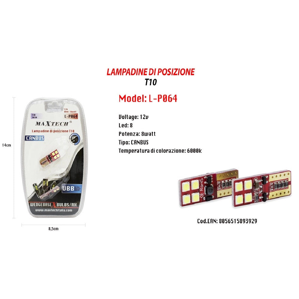 Trade Shop - Lampadine Posizione Canbus Maxtech L-p064 12v 8 Led 8 Watt Ultra Luminose 6000k -