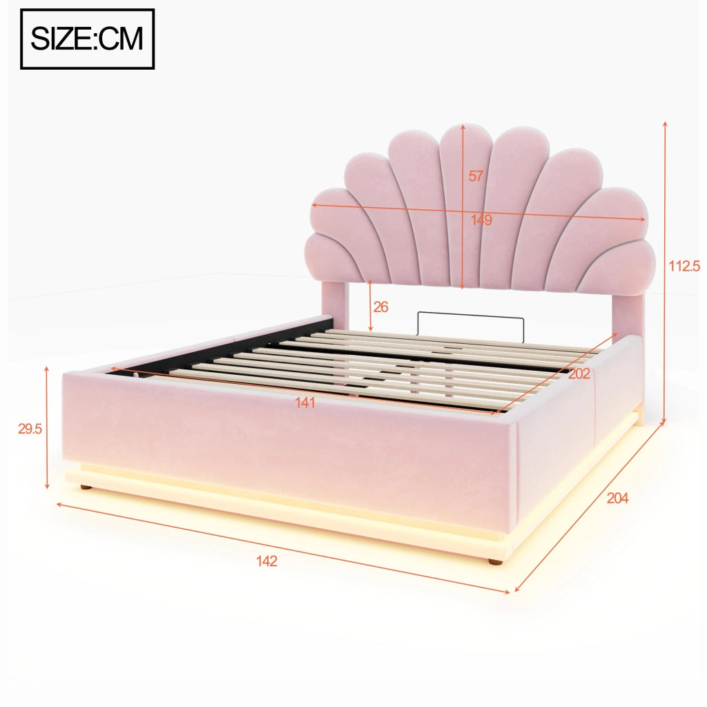 Letto contenitore matrimoniale 140×200 cm con testiera imbottita; LED e rete sollevabile; senza materasso; rosa