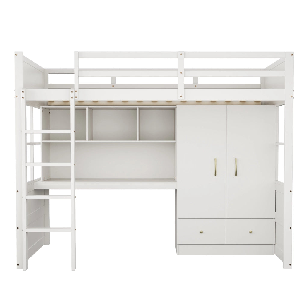 OKWISH Letto a Soppalco Letto Singolo, con Scrivania, Armadio, Cassetti e Vani Contenitore, 90×200 cm, senza Materasso, Legno, Bianco