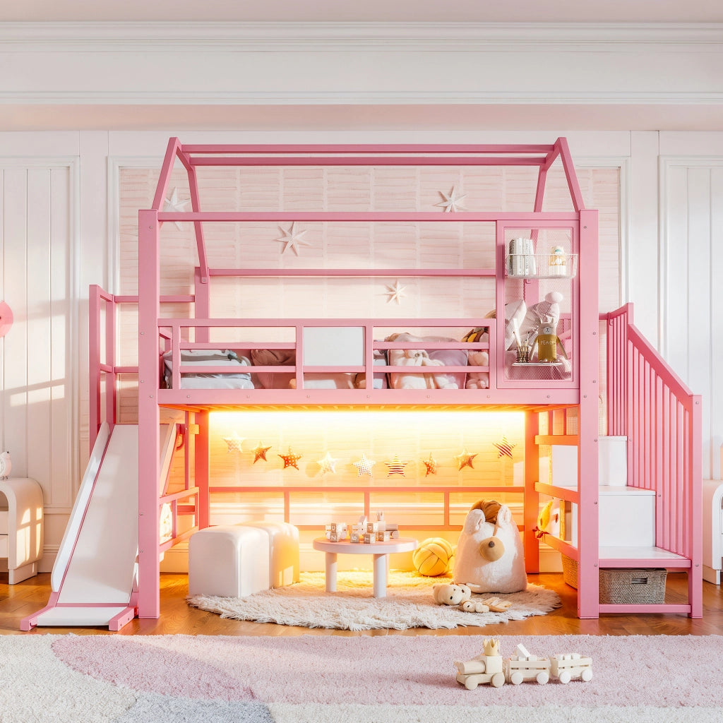 Letto a soppalco per bambini a casetta rosa 140x200 cm con scivolo; LED e scaletta