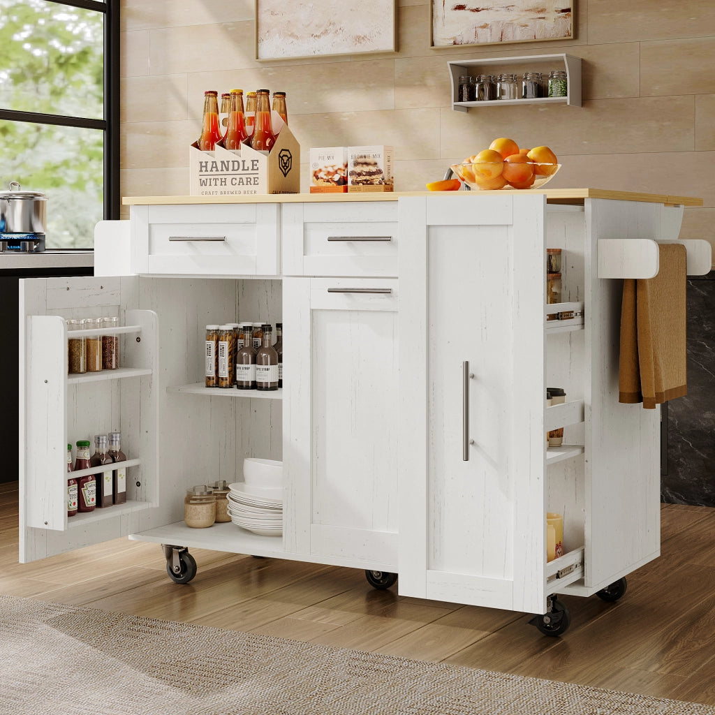 OKWISH Isola da Cucina con Piano Pieghevole e Ruote con Freno Armadietti Contenitore per Cucina in MDF Metallo Bianco