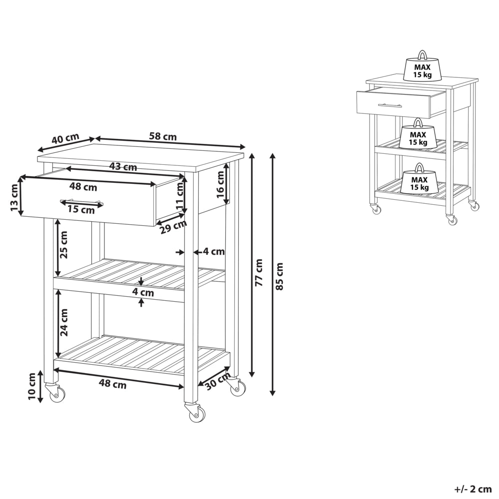 Carrello da cucina in legno di gomma Nero MDF 58 x 40 x 85 cm 2 ripiani portaposate cassetto portabottiglie ruote
