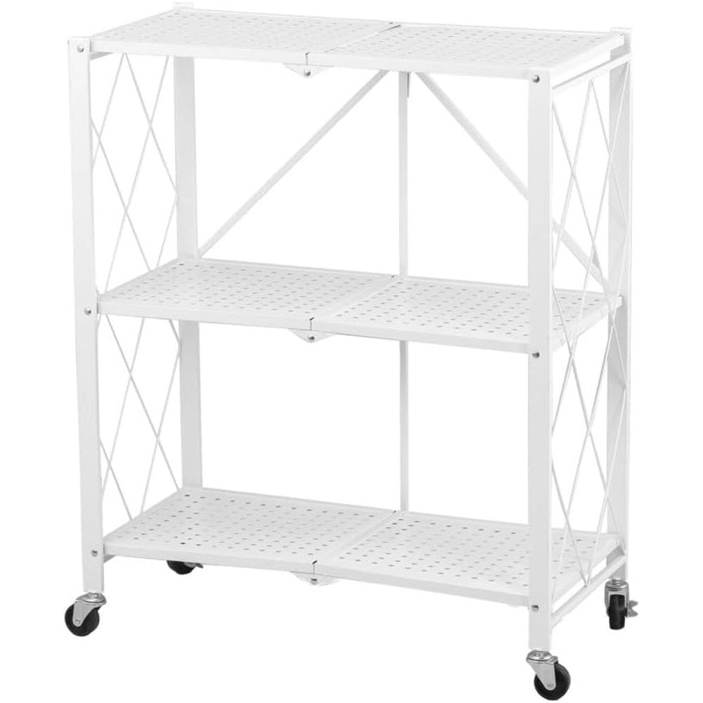 Trade Shop - Scaffale Multiuso Libreria Pieghevole Con 3 Ripiani Ruote In Acciaio Verniciato Bianco -